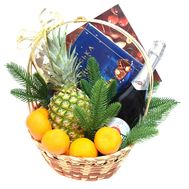 Новогодняя корзинка с шампанским, фруктами и конфетами
