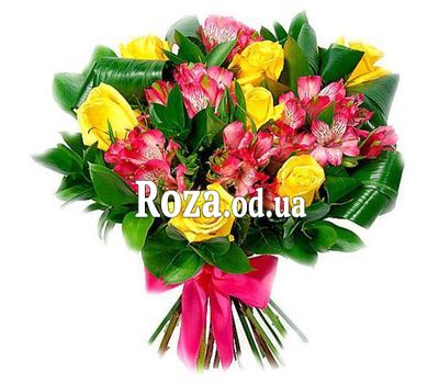Bouquet of mixed colored alstroemerias and roses