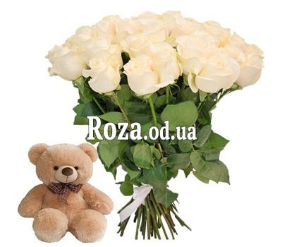 25 белых роз с Мишкой