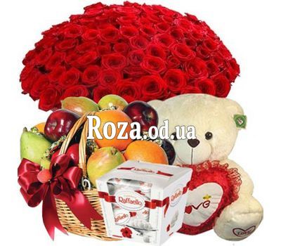 51 roses, teddy bear, fruit, sweets