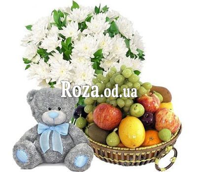 Букет, мишка, фрукты