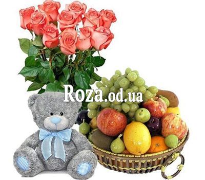 Букет роз, мишка, фрукты