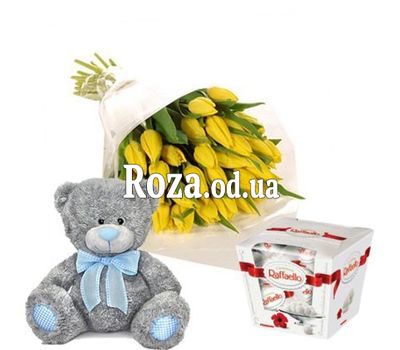 Bouquet of tulips, teddy bear, candy