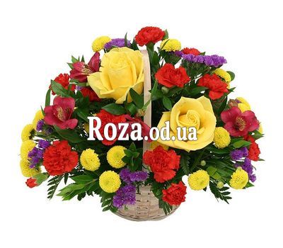 Basket with roses, carnations, chrysanthemums