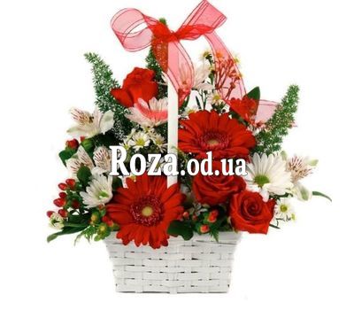 Basket with roses, chrysanthemums, gerberas