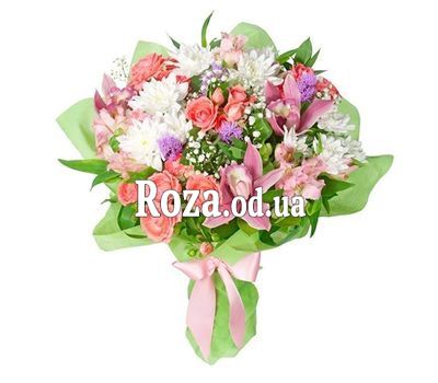 Букет из 3 орхидей, 4 кустовых роз, 3 альстромерий и 3 хризантем