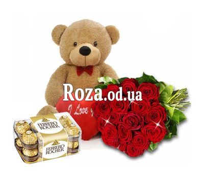 Roses with teddy bear and sweets
